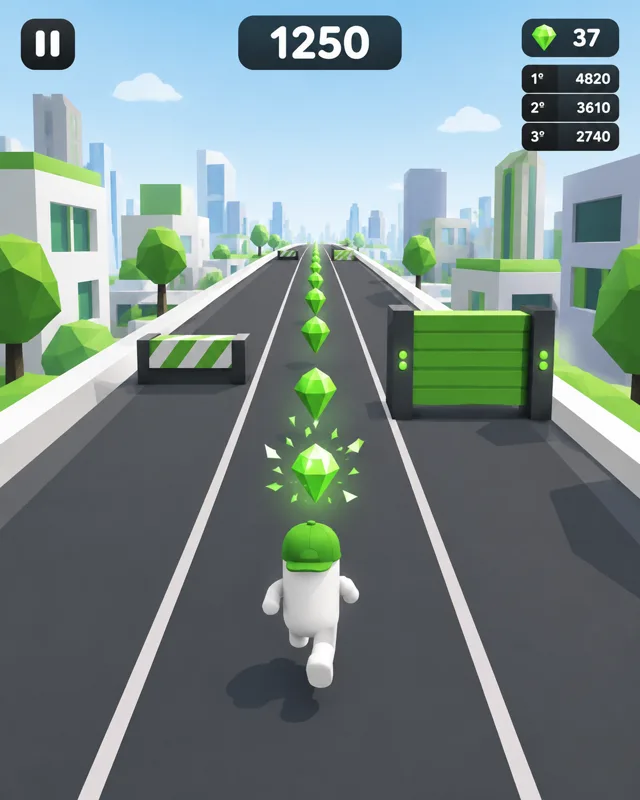 Personagem correndo numa pista de três faixas, coletando gemas e desviando de obstáculos, com placar ao vivo
