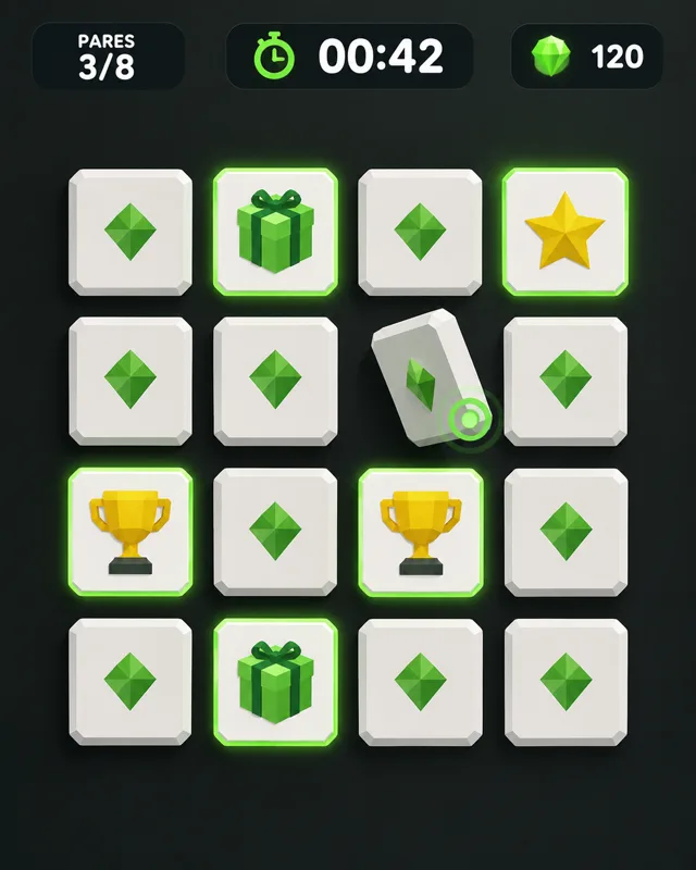 Memory game card grid with matched pairs highlighted, one card flipping, and time and points at the top