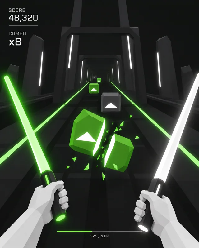 Visão do jogador cortando blocos no ritmo da música em realidade virtual