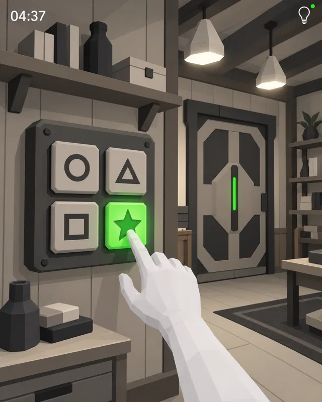 Visão do jogador resolvendo um enigma no escape room em realidade virtual
