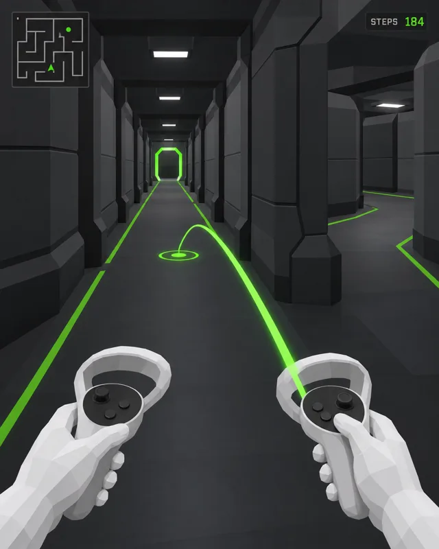 Visão do jogador dentro do labirinto em realidade virtual